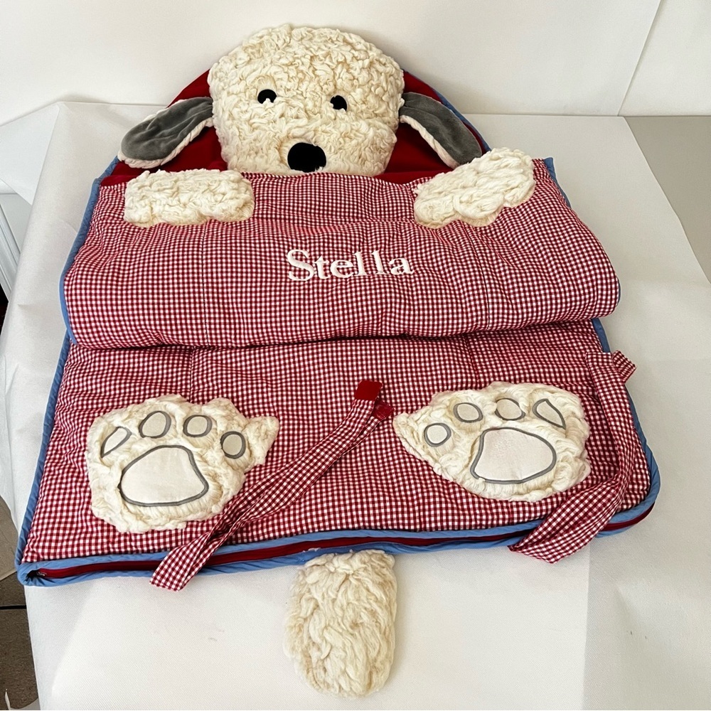 Pottery Barn Kids Red White Blue Gingham Sleeping Bag Shaggy Dog Pup Checkers